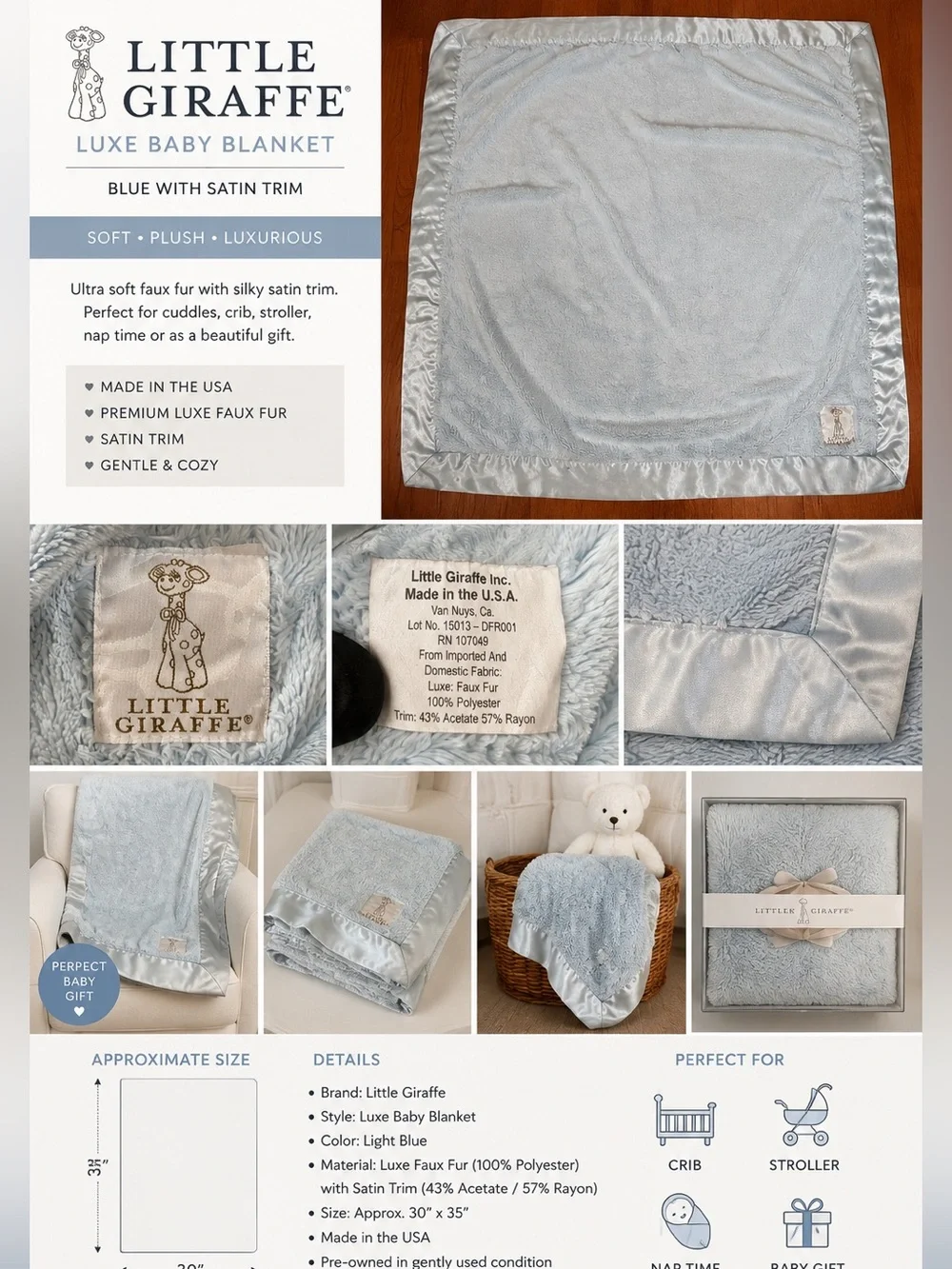 Little Giraffe Luxe Baby Blanket Blue Satin Trim 30x35 Faux Fur Made USA